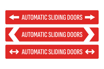 Automatic Sliding Doors Directional Signs – Red Safety Signage with White Arrows and Text – High Quality Vectorial Stock Image