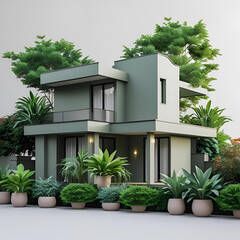 Modern luxury villa architecture with palm trees in a lush garden landscape