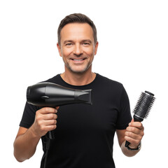 Man with Hairdryer and Brush on Isolated transparent background png. generated with AI