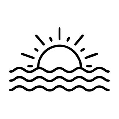 Minimalist sun rising over ocean waves line icon