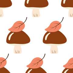 Seamless autumn pattern.  Mushrooms and leaves on a white background. Vector illustration