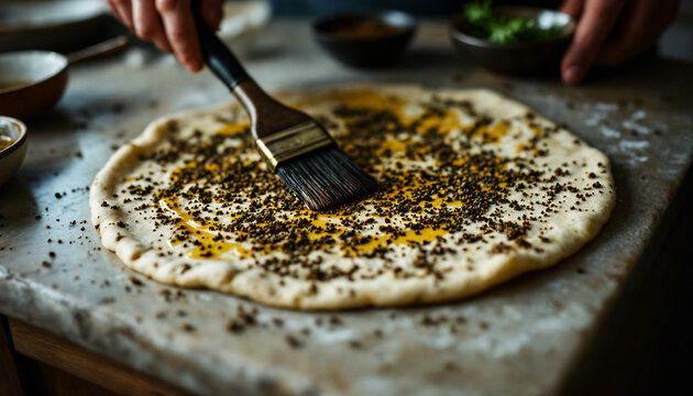 Lebanese Za&rsquo;atar Flatbread Prep &ndash; a brushed layer of olive oil glistens on flattened dough, sprinkled with a thick coating of za&rsquo;atar spices
