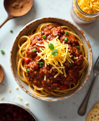Cincinnati Chili Top Down Prep, Ohio – Classic regional dish of chili over spaghetti with cheddar and onion, captured overhead for comfort food menus and Midwestern food culture features