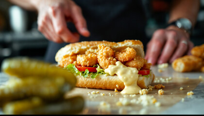 Shrimp Po’ Boy Prep, Louisiana – Crispy fried shrimp in French bread with lettuce and tomato, a classic Gulf Coast sandwich for seafood menus and southern comfort food features