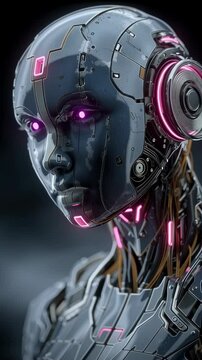 Girl cyborg robot of the future, smooth metallic details, eyes shine with purple light,