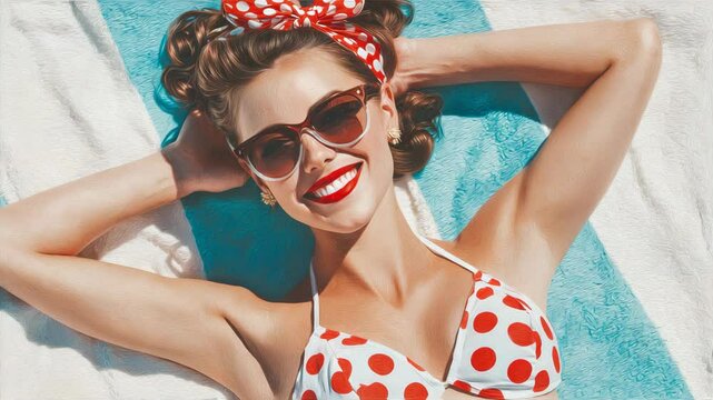 Happy retro pin-up girl sunbathing in a polka dot bikini and sunglasses. Beautiful vintage 1950s woman with a glamorous smile enjoying her summer vacation at the beach.

