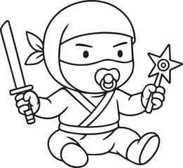 Cute Baby Ninja: An adorable baby dressed as a ninja, clutching a sword and a star, sits ready for action.