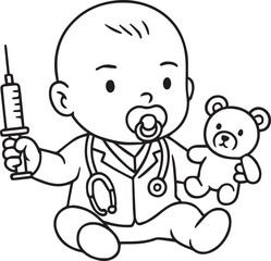 Tiny Doctor's Visit: A charming black-and-white illustration of a baby dressed as a doctor, complete with a syringe and teddy bear, symbolizing healthcare and comfort.