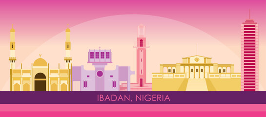 Sunset Skyline panorama of city of Ibadan, Nigeria- vector illustration