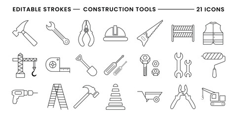 Collection of construction tools and safety equipment vector icons with editable strokes isolated on transparent background
