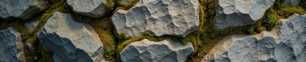 Close-up of rough-textured limestone rocks with intricate patterns and moss growth, stone, geology