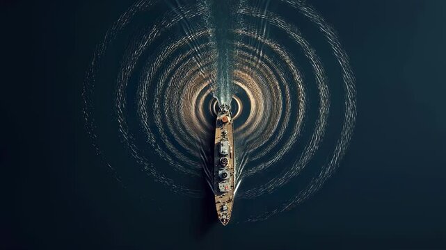 An aerial perspective of a ship surrounded by a concentric pattern of sonar waves emanating from its hull illustrating the continuous scanning process as it chart the uncharted underwater