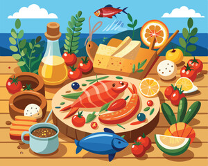 Authentic croatian cuisine spread featuring fresh sea food vector art design 