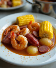 Frogmore Stew Assembly, Beaufort, South Carolina – Traditional coastal dish of shrimp, sausage, corn, and red potatoes served hot and rustic for southern gatherings and seafood-focused menus