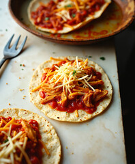 Santa Fe Enchilada Assembly, New Mexico – Traditional layered dish with corn tortillas, red chile sauce, cheese, and pulled chicken, ideal for authentic southwestern food features