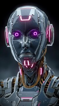 Girl cyborg robot of the future, smooth metallic details, eyes shine with purple light,