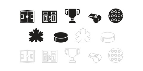 Collection of hockey and sports icons featuring a rink scoreboard trophy whistle puck and maple leaf