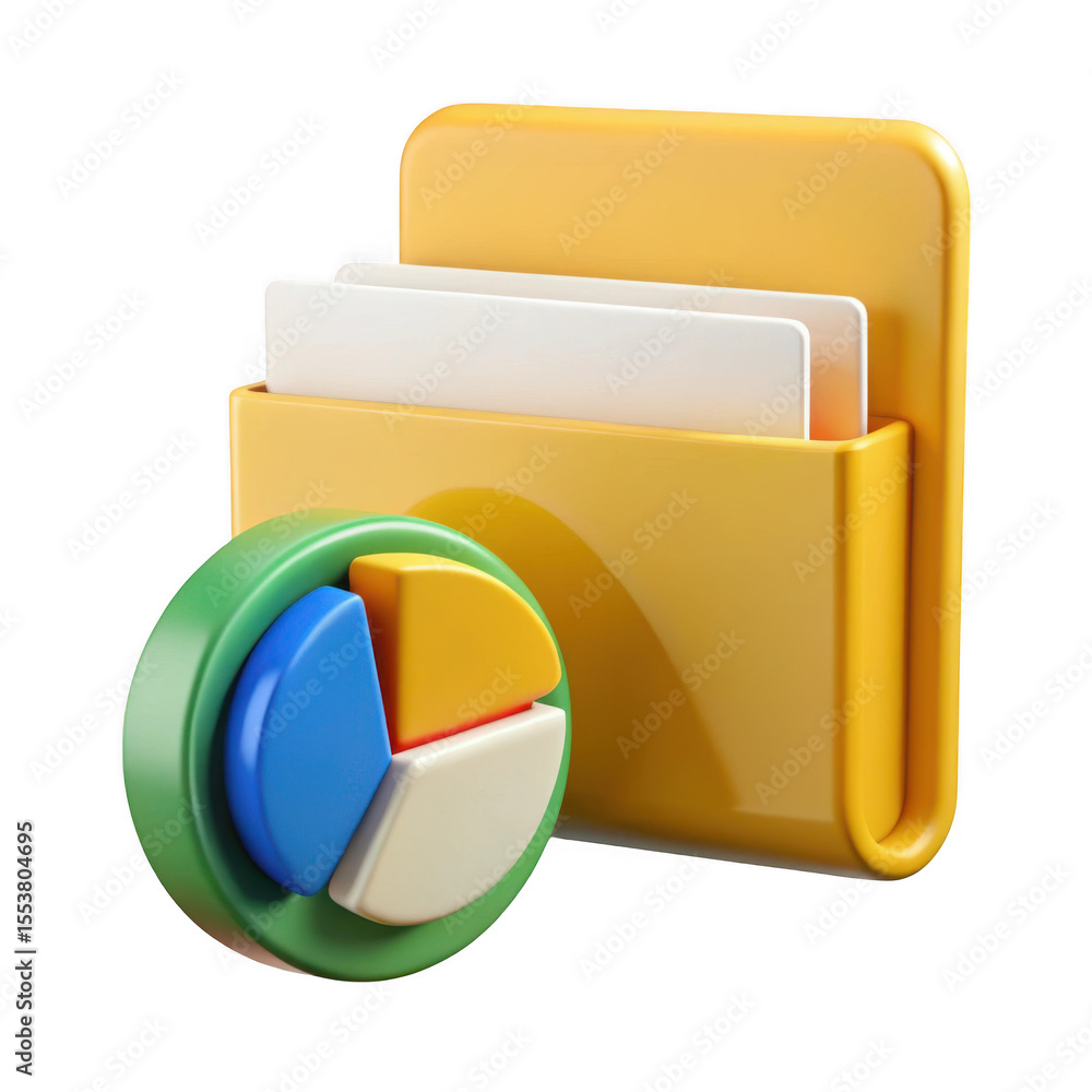 Poster 3d rendered folder and pie chart icon isolated on transparent background