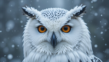 Fototapeta premium Majestic snowy owl portrait features striking orange eyes against a softly blurred winter background, ideal for nature enthusiasts and wildlife projects.