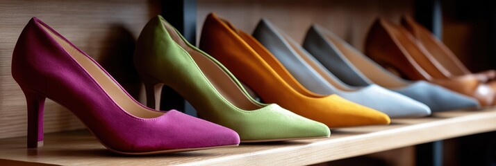 Colorful high heel collection on display shelf in store