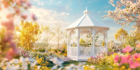 White Gazebo Surrounded By Blooming Spring Flowers In Garden