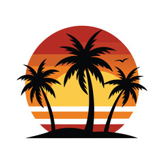 Sunset view with palm tree silhouettes and glow Vector illustration