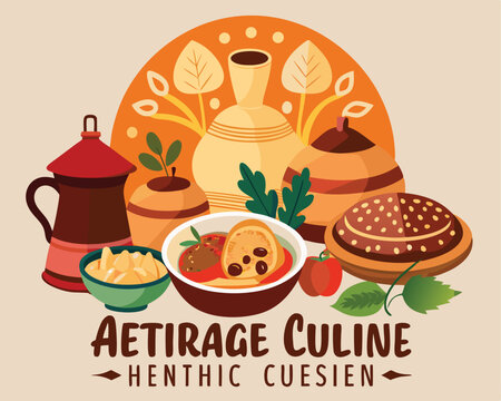 Naklejki Heritage cuisine beautifully plated showing traditional various food vector art design 