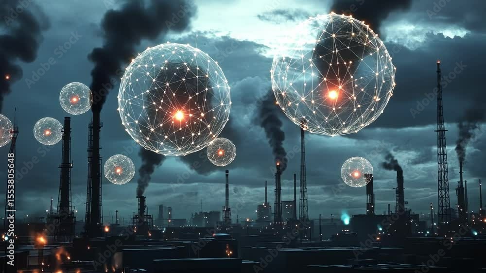 Poster futuristic spheres with intricate network patterns hovering above an industrial complex, emitting da