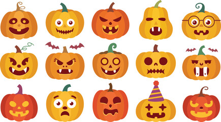 A vibrant vector illustration set of spooky Halloween pumpkins, perfect for an autumn holiday celebration