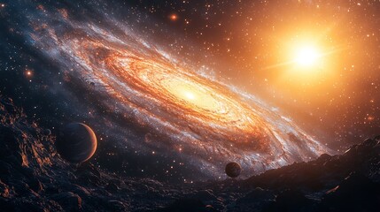 Obraz premium A Cosmic Panorama Galaxy, Planets, and Starry Night