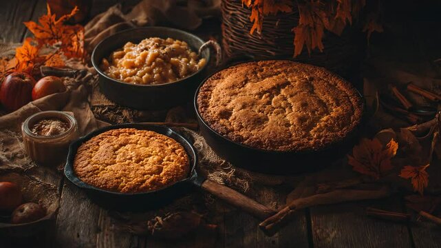 Cozy autumn still life with homemade skillet cornbread and a bowl of baked apples. Rustic Thanksgiving comfort food on a dark wooden table with fall leaves and cinnamon.

