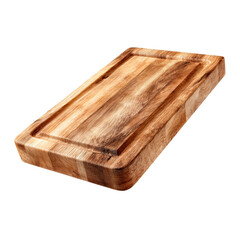 Wooden cutting board isolated on a transparent background. Rectangular kitchen board with juice groove, top angle view. Used for chopping, slicing, food preparation, and serving.