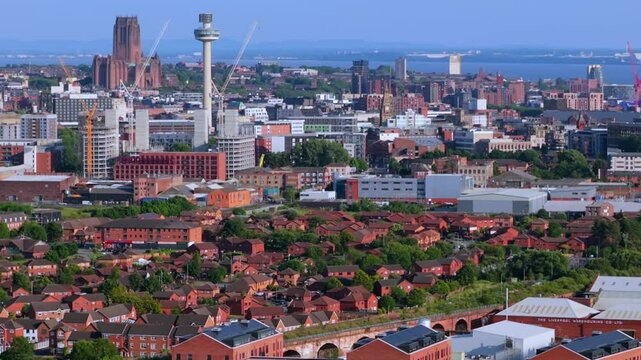 Aerial video of Liverpool cityscape from Vauxhall area. 