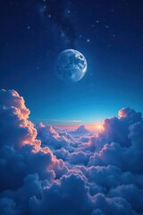 Starry sky above fluffy clouds, moonlit landscape, sky, cosmic, night