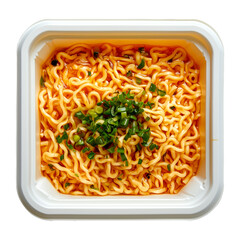 Instant noodles in a plastic container isolated on a transparent background. Cooked ramen with chopped green onion on top, square bowl, top view. Ready-to-eat fast food meal for quick serving.