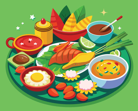 Naklejki Malaysian cuisine featuring vibrant dishes vector art design 
