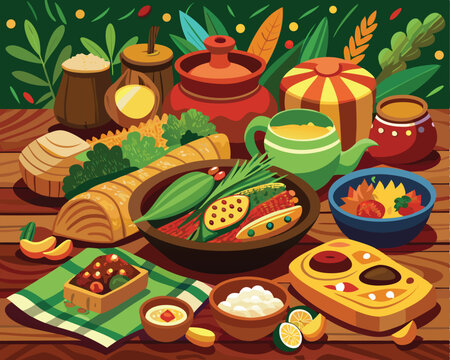 Naklejki Native food spread featuring traditional food dishes vector art design 