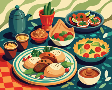 Naklejki Palestinian dishes beautifully arranged traditional way vector art design 