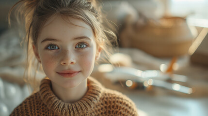 Early morning, a 5-year-old girl with brown ponytail stands by a sunlit window, smiling at a tiny 10cm jumbo jet model in her hand, bathed in warm, bright light..