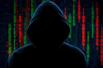 Hooded Figure Against a Background of Green and Red Digital Code Hacker