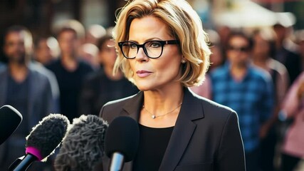 female tv presenter in formal attire during live broadcast, media journalism concept, tv industry