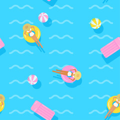 Summer vector seamless pattern. Women enjoing vacation in ocean, sea, blue water, float, ball, inflatable mattress, rubber ring. Beach. People enjoy party. Illustration. 