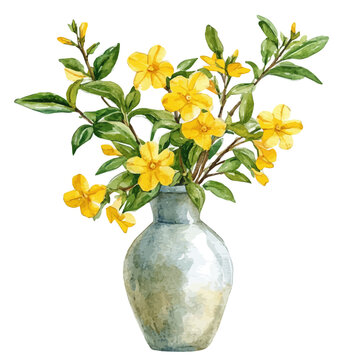 A Carolina Jessamine In A Vase, watercolor illustration vector, isolated on a white background.