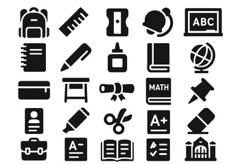 Vector icons of school supplies including backpack, glue, books, diploma, and stationery. Ideal for educational and academic design themes.