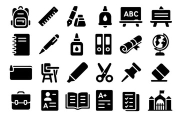 Set of vector education icons featuring school bag, book, pen, diploma, scissors, and classroom elements. For learning and school designs.