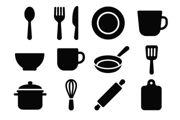 Black glyph icons of kitchen tools including spoon, fork, mug, bowl, whisk, and cutting board. Ideal for food and cooking designs.