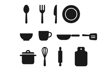 Black kitchen icons including cutlery, plate, cup, pot, whisk, and cutting board. Clean and modern style for cooking or food design projects.