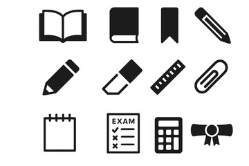Education and study tools icon set in black style.