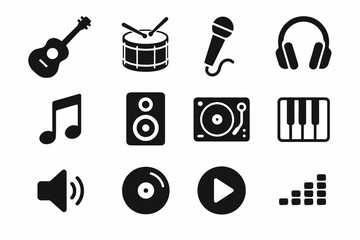 Music icon collection with guitar, drum, microphone, speaker, headphones, note, and audio controls in bold vector design.