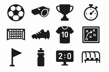Sport-themed black icon pack including soccer ball, scoreboard, jersey, goal, and strategy board.